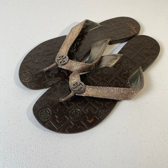 Tory Burch Women's Size 7 Thora Sandals Flip Flop Thongs Metallic Pewter Leather - Picture 1 of 12